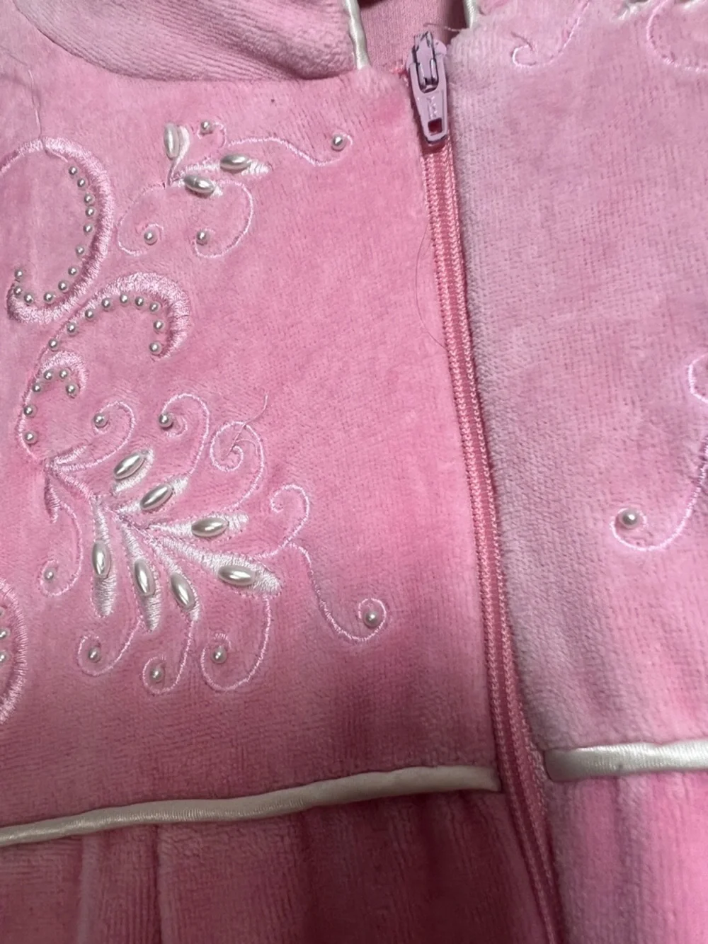Vintage Robes of California Small  Pink Velour House Dress Embroidered 1/2 Zip